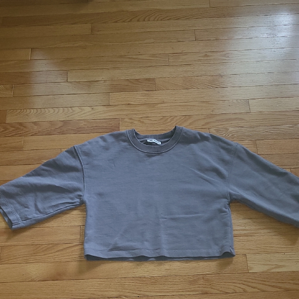 EUC Zara Gray Cropped Sweatshirt with Crew Neck and 3/4 Sleeves